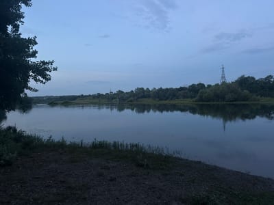 This is a landscape photograph taken at dusk or dawn, likely by a river. The sky is a pale, clear blue with some wispy clouds, indicating fair weather. The main subject is a wide, calm river that reflects the trees on the opposite bank and the sky. 

On the far bank, a dense line of trees stretches across the horizon, interrupted by a tall, lattice-like electrical pylon. A smaller, lighter-colored structure, possibly a water tower, is visible further to the left. Power lines also stretch across the sky, connecting to the pylon. 

The foreground shows a dark, rocky bank with some sparse vegetation and a few larger trees on the left side of the frame. The overall mood is serene and quiet, characteristic of the transition between day and night. The absence of people or clear man-made structures in the immediate foreground suggests a natural, undeveloped area. The reflection of the pylon in the water is a notable detail, creating a mirrored image of the industrial element against the natural backdrop. The time of day is evident from the soft, diffused light and the muted colors of the sky and landscape.