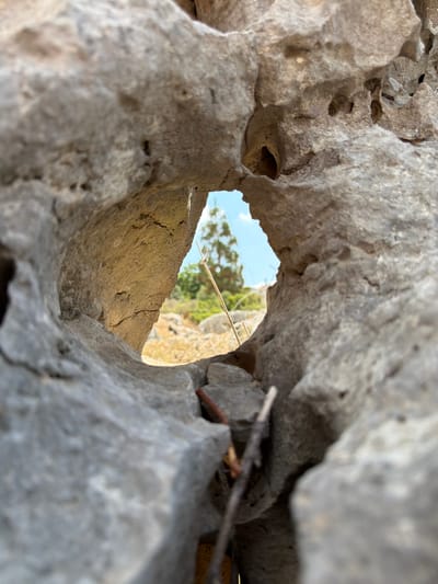 The image is a close-up shot of a rock formation with a hole or opening. Through this opening, a distant landscape is visible, featuring a tall, thin tree, dry vegetation, and a bright blue sky. The rock is rough and textured, with several smaller holes and indentations. Two thin, dry sticks are present in the foreground, positioned in front of the rock opening. The overall scene appears to be outdoors, in a natural, possibly arid environment, with the lighting suggesting daytime. The location is in the Misgav Regional Council, Israel.