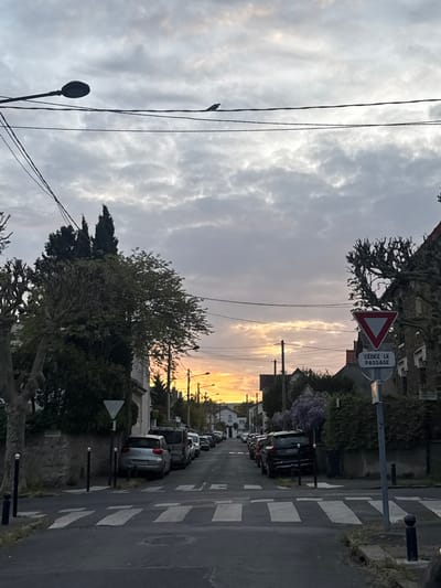 The image captures a street scene in Champigny-sur-Marne, France, oriented along its longitudinal axis, showcasing parked cars lining the side of the road with a pedestrian crossing visible. The sky is overcast, though a golden light is seen in the distance, suggesting either sunrise or sunset. A street light and electrical wires stretch across the upper left portion of the frame, with a bird perched on one of the wires. Road signs are visible at the intersection in the upper part of the picture. The scene is in a residential area with buildings and trees.
