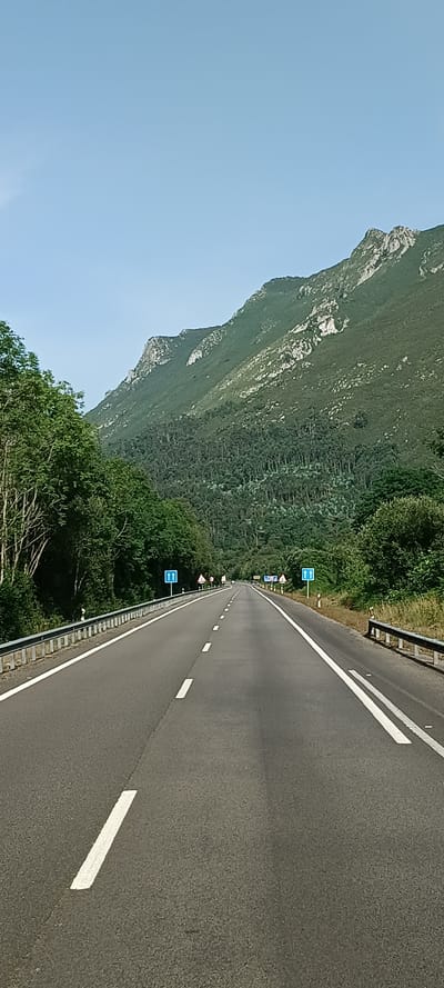 The image shows a highway leading through a mountainous, forested landscape on a clear day. The road is asphalt, with white lane markings. There are guardrails on either side of the road. Several blue and white directional signs are visible on poles along the side of the road, indicating a two-way road with two lanes in each direction. There are also triangular warning signs with red borders. The mountains are covered in dense green forest, with some rocky outcrops visible at higher elevations. The sky is clear and blue. The scene appears to be on a highway in the vicinity of Ribadesella, Spain, given the characteristic landscape and road signage often seen in the region. There are no people or vehicles visible in the image.