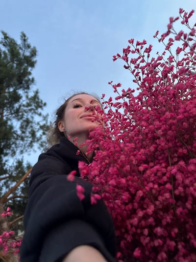 A low-angle, close-up shot shows a young woman in a black hooded jacket against a pale blue sky. Her face is partially obscured by a dense cluster of small pink flowers held in front of her. She looks upwards with a slight smile, her eyes closed. To the left of the frame, the dark green branches of a conifer tree are visible against the sky. The scene is set outdoors, likely during twilight given the soft lighting and the color of the sky. The overall impression is one of serene enjoyment and connection with nature. The location is the city of Maksimovo, Russia.