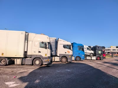 The image displays a row of parked trucks under a clear blue sky, likely at a truck stop or parking lot in Wommelgem, Belgium. The trucks are of various makes and models, including a white refrigerated truck, a white and grey truck with "TS TRANSTAR" branding, a blue truck, and a dark grey truck carrying other vehicles. The ground is asphalt, with some gravel and white markings. In the foreground, a pink object is lying on the ground, possibly a piece of trash. In the background, a "Shop & Go" convenience store and other buildings are visible, suggesting a commercial area. The lighting indicates it is either early morning or late afternoon, with long shadows cast on the ground. There are no people visible in the image.