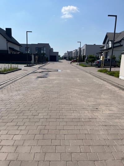 The image depicts a street in Strumivka, Ukraine, lined with modern, gray, two-story houses. The street is paved with light-colored rectangular cobblestones, and a concrete curb runs along the sides. There are dark-colored streetlights with a distinctive L-shaped design spaced along the road. In the foreground, there are a few small puddles on the cobblestones, indicating recent rain. Several cars are parked along the street, including a dark gray sedan, a red hatchback, and another dark sedan further down. A small black dog is visible on the left side of the road, in the middle distance, appearing to be walking. The sky is clear blue with a few scattered white clouds. Green bushes and small trees are planted along the front of the houses.