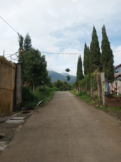 The image depicts a concrete road in Salai Har Htan, Myanmar, ascending gradually towards distant mountains partially obscured by clouds. The road surface exhibits parallel grooved textures. On the left, a tall, yellow, vertical-slatted metal gate, partially open, is attached to a concrete post. Beyond the gate, dense green foliage and trees are present, including a prominent conifer. Utility wires traverse the upper portion of the frame. On the right side of the road, a row of tall, slender, dark green coniferous trees borders a concrete fence. Behind these trees and the fence, a residential structure with a blue roof is partially visible. Closer to the foreground on the right, various items of clothing are hung to dry on an external rack or line. The sky above is overcast with patches of visible blue. No individuals or specific actions are discernible.