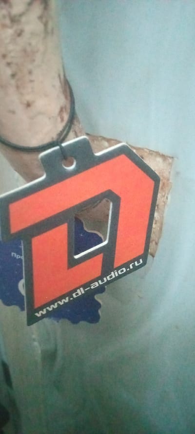 A close-up, slightly blurry image shows a tag with the logo of "DL AUDIO" attached to a person's neck by a black string. The tag is orange and black, with the letters "DL" prominently displayed in orange. Below the logo, the website address "www.dl-audio.ru" is visible in white text. The person's skin is visible around the tag, with some discoloration. The background is a light blue color, and a portion of what appears to be a dark blue garment or object is visible beneath the tag. The location in Vozdvijenka, Russia cannot be determined from this image.