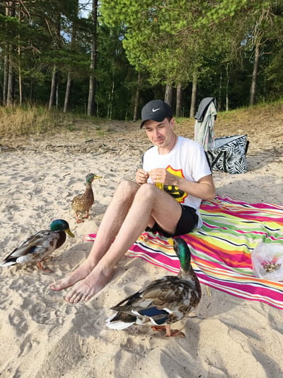 A man is sitting on a beach on a sunny day, with pine trees in the background. He is wearing a white t-shirt with a yellow and black graphic, black shorts, and a black baseball cap. He is sitting on a colorful striped blanket. Three ducks are on the sand near him. One duck is directly in front of him, another is to his left, and a third is behind the other two. The man appears to be feeding the ducks, as he is holding something small in his hands. A beach bag with a palm leaf pattern and a plastic bag containing what appears to be food are also visible on the blanket. The scene suggests a relaxed outdoor activity, possibly a picnic or a break during a beach outing. The lighting indicates it's daytime.