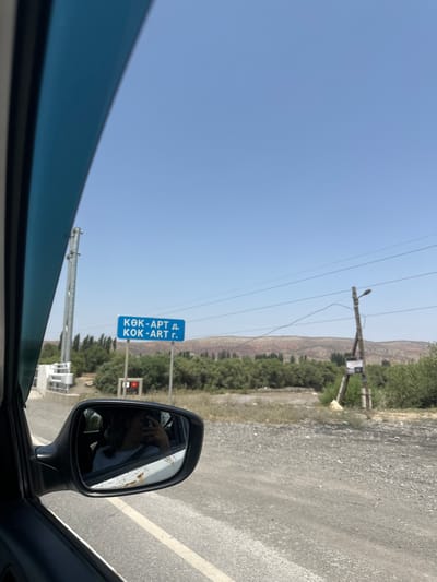 The image shows a view from inside a vehicle, looking out the side window and into the side mirror. In the side mirror, a person is reflected, taking a selfie with their phone. Outside the car, a blue road sign with white text is visible, indicating "КӨК-АРТ д. КОК-АРТ г." This sign is likely located in the city of Jany-Dyikan, Kyrgyzstan, as it appears to be a directional sign. The landscape beyond the sign consists of dry, hilly terrain with sparse trees and vegetation. Electrical poles and power lines are also present in the scene. The sky is clear and blue, indicating a sunny day. The road in the foreground appears to be unpaved, made of gravel and dirt.