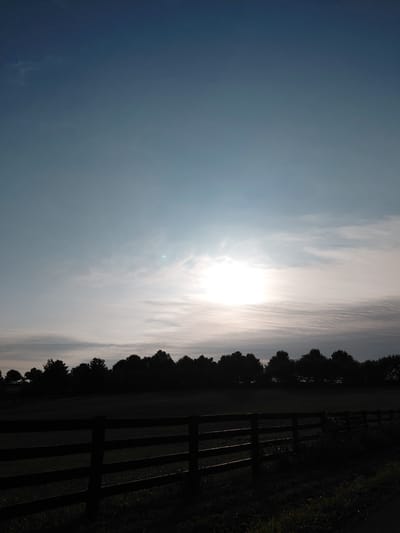The image depicts a serene, natural landscape, likely a rural area in Paris, United States, at either sunrise or sunset given the low angle of the sun. The sun itself is a bright, dominant feature in the sky, partially obscured by wispy, streaky clouds, creating a hazy and diffused light. The sky transitions from a deep blue on the left to a lighter, almost white hue near the sun. Silhouetted against the bright sky on the right side of the image is a line of trees, their dark forms creating a stark contrast with the luminous sky.
In the foreground, also silhouetted, is a wooden fence with several horizontal rails. The fence runs parallel to the treeline, suggesting a property boundary or pasture. Beyond the fence, the ground appears to be covered in grass, which is also quite dark due to the low light conditions. The overall mood of the image is peaceful and tranquil, evoking a sense of quiet beauty in nature. There is no visible text in the image. The orientation of the image is such that the sky occupies the majority of the frame, with the earthly elements confined to the right side.