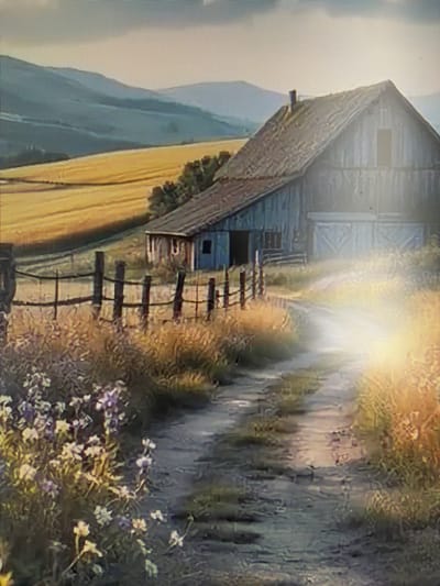 The image depicts a rustic barn with a weathered wooden exterior, set against a backdrop of rolling hills and a field of golden crops. A dirt path leads towards the barn, flanked by a wooden fence and tall, dry grass with scattered wildflowers. The sun is setting, casting a warm glow over the scene, with lens flare visible on the right side. There are no people or animals visible in the image. The location is not Mirnoye, Ukraine.