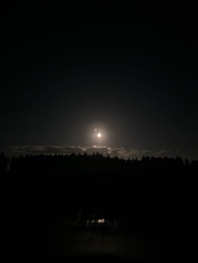 A full moon illuminates a dark sky over a silhouetted forest line. The moon is partially obscured by thin, wispy clouds, creating a soft glow. Below the tree line, reflections of the moonlight are visible on what appears to be a body of water or a wet surface, casting elongated shadows. The foreground is entirely dark, obscuring any details of the ground or what lies beyond the reflections. The scene is devoid of human presence or activity. The image was captured in the vicinity of Krautscheid, Germany.