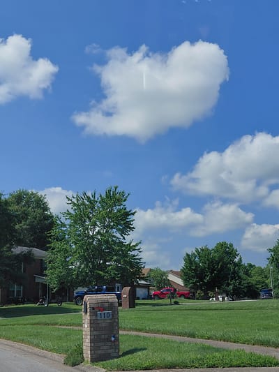 A bright, sunny day unfolds with a vibrant blue sky dotted with fluffy white clouds, suggesting fair weather. The scene appears to be a suburban neighborhood in Versailles, United States of America, with neatly manicured green lawns bordering a sidewalk. A brick mailbox stands prominently by the sidewalk, displaying the house number "110" in silver numerals. 

Several vehicles are visible: two red trucks, a blue truck, and what appears to be a scooter parked on the grass. These vehicles are parked along the street or on driveways, indicating a typical residential setting. Lush green trees are scattered throughout the scene, providing shade and adding to the natural beauty of the neighborhood. The houses, visible behind the trees and mailboxes, are mostly brick structures, typical of suburban architecture.

The overall impression is one of a peaceful and well-kept residential area on a pleasant day. The image captures a slice of everyday life in a suburban community, with no specific activity or event taking place beyond the usual presence of parked vehicles and the general ambiance of a quiet neighborhood. The time of day is likely midday or early afternoon, given the bright sunlight and clear skies.