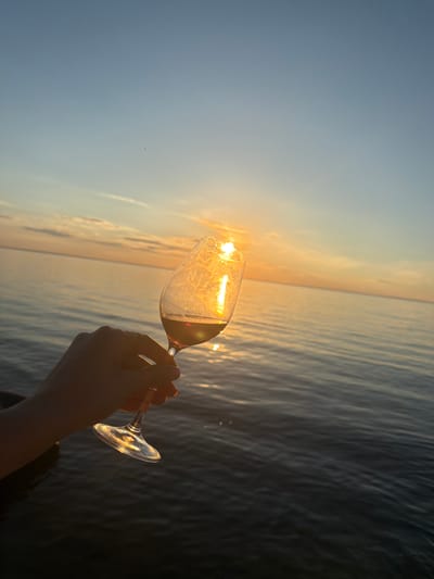 A person's hand is holding a wine glass filled with a pinkish liquid against a backdrop of a sunset over a body of water. The sun is visible as a bright light reflecting on the water and through the wine glass. The sky transitions from a clear light blue at the top to hues of orange and yellow near the horizon. The water is dark with gentle ripples. The scene appears to be outdoors, likely near a lake or river, and given the context, potentially on the embankment of the Kyiv Reservoir near Vyshhorod, Ukraine. The overall mood is serene and picturesque, capturing a moment of leisure at dusk.