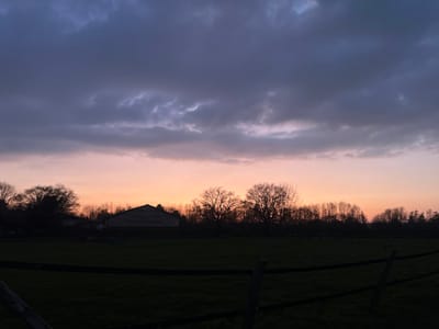 The image presents a rural landscape scene at dusk in Würselen, Germany. The sky occupies the upper two-thirds of the frame, displaying dark grey and blue cloud formations above a prominent horizontal band of fading light that transitions from pink to orange near the horizon. Along the horizon line, a dense, dark silhouette of deciduous trees, largely bare, extends across the entire width of the image. Positioned behind the trees in the middle ground, slightly to the left of center, a large, dark-roofed building, likely an agricultural structure, is visible in silhouette. The lower portion of the image features a dark green open field or pasture. In the immediate foreground, a multi-rail wooden fence, with two distinct posts visible on the left and right edges, partially crosses the bottom. No individuals, animals, or specific activities are observable in the scene.