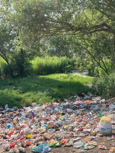 The image depicts a grassy path lined with trees and dense foliage on one side, transitioning into a large accumulation of discarded trash and debris on the other. The location is Katauhar Kalan, India. The trash pile consists of various plastic containers, cups, wrappers, and other discarded materials. There is no clear indication of human presence or activity visible in the frame.
