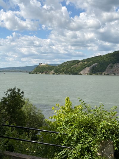 This is a landscape photograph taken from a high vantage point overlooking the Danube River. In the foreground, lush green trees and bushes obscure a stone wall and black metal railings. The river occupies the midground, its surface a pale green with gentle ripples. Across the river, a densely forested hill rises, topped by a white stone fortress, likely Golubac Fortress, a prominent landmark in Golubac Municipality, Serbia. The sky above is a mix of blue patches and fluffy white clouds. The overall scene depicts a scenic natural environment with a historical structure.