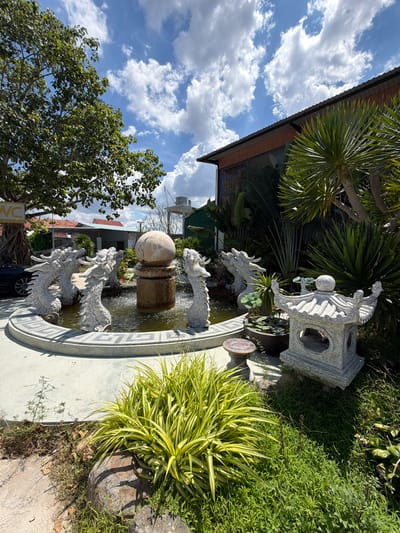 A serene outdoor scene in Tuy An Nam, Vietnam, features a dragon-themed fountain as the central focal point. The fountain, constructed of what appears to be carved stone, depicts four dragons emerging from the water, their heads raised as if in mid-roar. At the center of the fountain, a large, light-colored sphere rests atop a tiered pedestal, from which water gently cascades. The fountain is surrounded by a decorative circular stone border with an intricate pattern.
To the right of the fountain, a stone pagoda-style lantern stands, intricately carved and detailed. Nearby, a dark-colored pot holds water lilies, adding a touch of aquatic flora. A small, round stone stool is positioned between the fountain and the lantern.
The foreground of the image is dominated by lush green vegetation, including a vibrant clump of variegated yellow and green plants and a rough-textured rock. The background reveals elements of urban life, including a building with a corrugated metal roof, part of a building with large windows, and a large tree with dense foliage. A sign with "WC" is visible on the left side of the image, attached to the trunk of the large tree. A dark-colored vehicle is parked to the left of the fountain, partially obscured by the tree. The sky above is a bright blue, dotted with fluffy white clouds, suggesting a clear and sunny day. The overall impression is one of a tranquil, possibly spiritual or decorative garden setting within a Vietnamese locality.