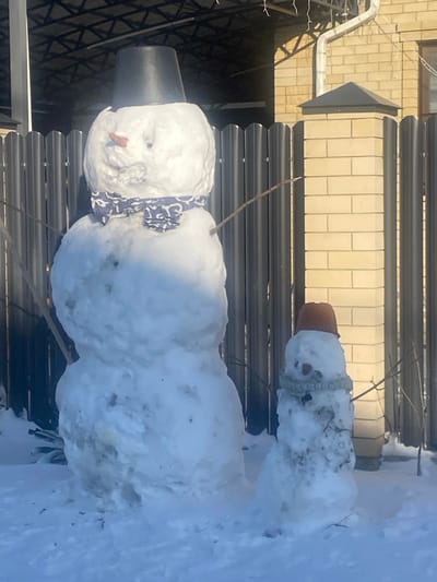 Two snowmen stand in a snowy yard. The larger snowman wears a black bucket as a hat, a blue and white scarf, and has a carrot nose. A stick serves as one arm. The smaller snowman wears an orange pot and a rope around its neck. A fence and a brick building are in the background. The sky is bright and hazy.
