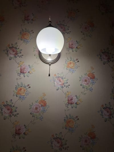 A low-angle shot depicting a ceiling with floral wallpaper, featuring clusters of orange, pink, and yellow flowers with green leaves arranged in a vine pattern. A light fixture with a spherical white glass shade and a silver base is affixed to the ceiling; the light is on, casting a bright glow on the adjacent wallpaper. A pull chain hangs from the light fixture. The wallpaper's background is a light beige with a subtle, textured pattern. The location is unknown and not identifiable as Krumovgrad, Bulgaria.