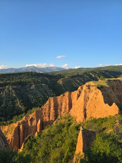 The image displays a wide-angle landscape captured in the vicinity of the city of Stob, Bulgaria, featuring the distinctive Stob Pyramids. In the immediate foreground and extending into the midground, prominent geological formations composed of reddish-orange earth are visible. These formations exhibit severe erosion, characterized by sharp vertical channels, pointed peaks, and sloping sides, with some appearing as earth pillars or hoodoos. Sunlight, likely from a low angle (late afternoon or early morning), illuminates the western faces of these formations, casting long shadows to the east and enhancing their reddish tones. Lush green deciduous and coniferous trees, bushes, and grasses densely cover the slopes between and around the eroded earth formations. In the midground, additional forested hills rise, interspersed with more subtle earth pyramid structures. The background reveals a distant mountain range stretching horizontally across the horizon, with several peaks visible, some retaining patches of snow or lighter rock. Above the mountains, the sky is a clear, vibrant blue, dotted with scattered white cumulus clouds, primarily congregating near the mountain crests. No people, animals, or artificial structures are discernible within the frame. The scene presents a natural, rugged landscape under clear atmospheric conditions.