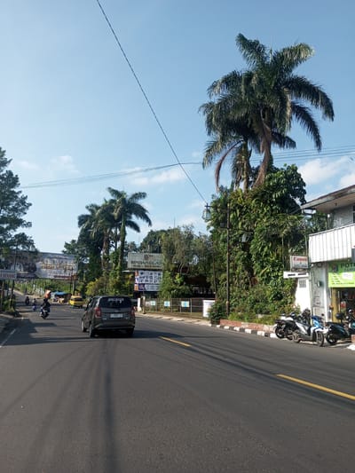 The image depicts a street scene in what appears to be an urban area with tropical vegetation. A gray vehicle with license plate "F 1507 ZC" is driving on the asphalt road, which has a yellow line marking the lane separation. Several motorcycles are parked near a building with a "Canon" sign. There are banners and signs with text in Indonesian, including "SINDANGLAYA HOTEL RESTAURAN" and "RESTAURANT A SENANG". Palm trees are visible along the roadside. The sky is clear and blue.