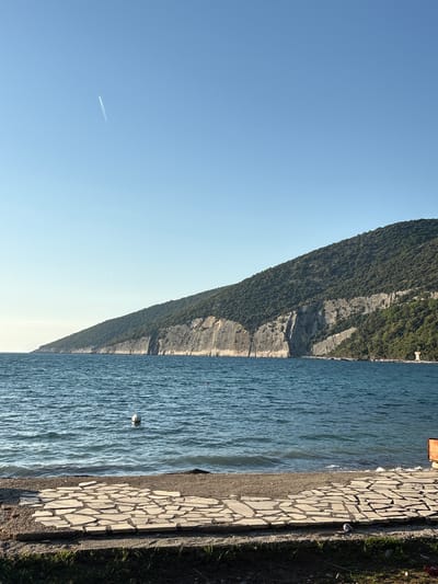 The image captures a serene coastal landscape under a clear, bright blue sky. On the left, a large mountain dominates the scene, its upper slopes covered in dense green vegetation, transitioning to rugged grey rocky cliffs closer to the water. A small, light-colored structure, possibly a building or beacon, is visible on the mountain's edge towards the right.
The right side of the image features a calm, blue sea with gentle ripples, reflecting the clear sky. A small white object, possibly a buoy or a bird, floats on the water's surface near the center-right. Along the immediate shoreline on the far right, there is a paved path made of irregular light-colored stones, bordered by a strip of grass and dirt.
The sky is devoid of clouds, save for a single, thin white contrail stretching horizontally across the upper-left quadrant, indicating an aircraft passing overhead. The sunlight is strong, suggesting it is midday or early afternoon. No people or visible text are present in the image. The scene conveys a sense of natural beauty and tranquility in a coastal setting, consistent with Braticë, Montenegro.