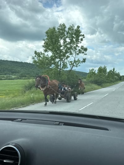 A photograph taken from inside a vehicle shows two horse-drawn carts traveling along a road. The first cart is pulled by a brown horse, while the second is pulled by a lighter-colored horse. Several people are riding in the carts. A large tree is adjacent to the road, and a hillside covered in green vegetation rises in the background. The sky is cloudy. The location is presumed to be Gradets, Bulgaria.