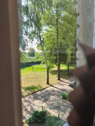The image, taken from a window in Rahachow, Belarus, shows a view of a courtyard on a sunny day. In the foreground, a window frame and a rough concrete wall partially obscure the scene. The courtyard features a paved area with some cracks and potholes, bordered by a grass lawn. Several trees, including birches, are visible, casting shadows on the ground. In the background, there is a green fence and more vegetation, suggesting a residential area. A clothesline with two poles is set up on the lawn. A small green bench is also visible amongst the trees.