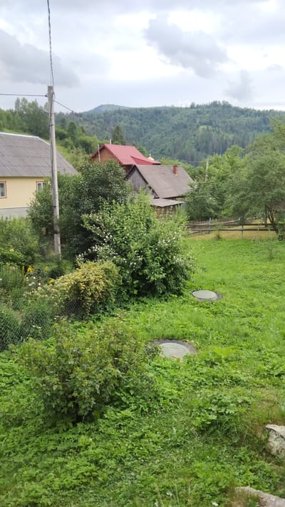 The image shows a rural landscape with several houses and dense vegetation, set against a backdrop of forested hills. In the foreground, there is lush green grass and various bushes, some with white flowers. Two circular manhole covers are visible in the grass. A wire fence runs along the left side of the image. Behind the bushes, a yellow house with a grey roof and a wooden house with a red roof are partially visible. A wooden fence can be seen further back, separating the property from a grassy field. The sky is overcast with grey clouds. The scene depicts a residential area in a hilly, forested region, likely in Nyzhnia Rozhanka, Ukraine, characterized by a natural, somewhat unmanicured environment.