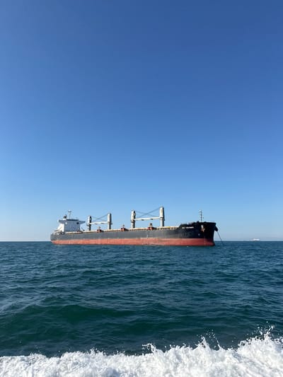 A large cargo ship, predominantly dark in color with red accents, is situated in the sea near Marina di Ravenna, Italy. The ship is partially obscured by the choppy water, where foamy white waves break alongside it. The sky above is a clear, light blue. The photograph appears to be taken from a moving vessel, which is creating the waves.