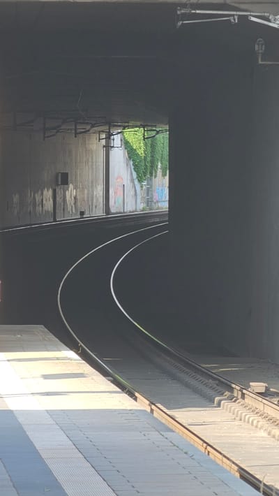 The image shows train tracks curving into a concrete tunnel. The tunnel's ceiling is visible, with exposed wiring and supports. The walls of the tunnel are concrete and show signs of graffiti. Outside the tunnel, lush green foliage is visible, suggesting a sunny day. A train platform, made of patterned concrete tiles, is in the foreground. The scene appears to be in Neu-Ulm, Germany, likely a train station or a section of railway infrastructure. There are no people visible in the image.