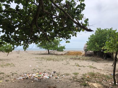 The image depicts a littered beach in Bangkajaya, Indonesia. The foreground is dominated by a large pile of trash, including plastic bottles, wrappers, and other debris, accumulated on the sandy shore. Several smaller pieces of trash are scattered across the beach.
In the mid-ground, a solitary tree stands near a small, rustic hut with a thatched roof, suggesting a simple dwelling or a small business. Beyond the hut, a pile of sand is visible, possibly from construction or landscaping. The ocean stretches across the background under a cloudy sky, indicating a possibly overcast day.
The overall scene conveys a sense of neglect and environmental concern due to the significant amount of litter. There are no people visible in the image, and the activity appears to be static, focusing on the state of the beach. The time of day is difficult to determine precisely due to the overcast conditions, but it appears to be daytime. The location cues of Bangkajaya, Indonesia, combined with the presence of the ocean and tropical vegetation (implied by the trees), are consistent with a coastal environment in that region. The mood evoked by the image is somber, highlighting the impact of pollution on a natural setting. No visible text is present in the image.