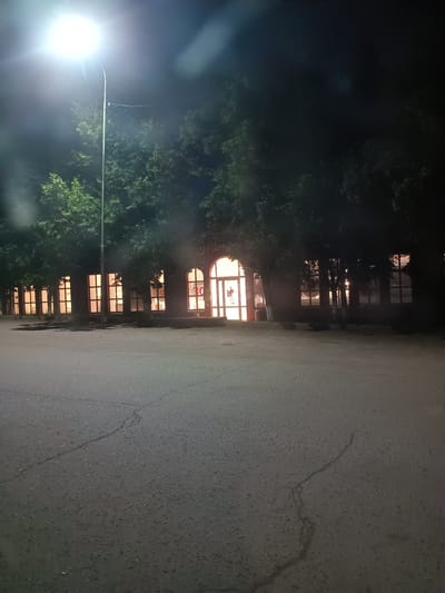 The image depicts a nighttime scene in front of a building with illuminated arched windows, situated behind a row of trees. A bright street lamp illuminates the upper left portion of the frame. The ground in the foreground is paved asphalt with visible cracks. The building's facade features multiple large, arched windows, through which warm light emanates, suggesting interior illumination. A sign with the number "30" is visible on one of the windows. The trees are dense and dark, obscuring much of the building and creating a silhouette effect. The overall impression is one of an exterior view of a commercial or public building at night, potentially in a somewhat rural or suburban setting given the prominence of trees. The location is identified as Ponomarevka, Russia.