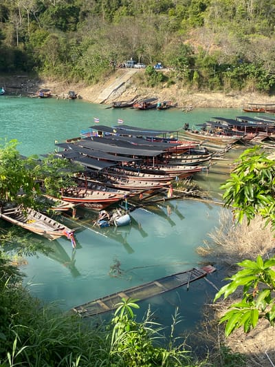 The image shows a waterway in Ban Chiao Lan, Thailand, filled with many longtail boats moored alongside each other. The boats are mostly wood, with some having black sunshades and Thai flags. The waterway is framed by vegetation on both sides, including trees, grasses, and bushes. The water is clear and green. There is a road with parked cars running along one side of the waterway, further inland.