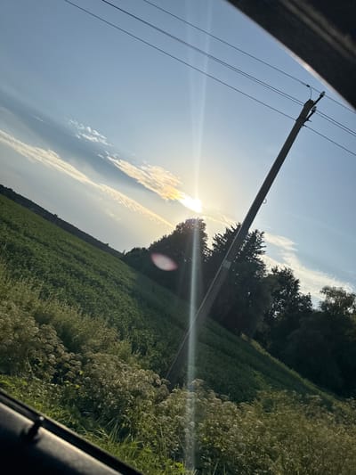 The image depicts a rural landscape in Anglininkai, Lithuania, during what appears to be late afternoon or early evening. The sun is low in the sky, casting a bright glare and creating lens flare effects, suggesting it is either sunrise or sunset. Wispy clouds are visible in the clear blue sky.
Dominating the foreground is a utility pole with several wires extending from it. To the right of the pole, a field of green crops stretches into the distance, bordered by a dense line of trees along a gentle slope. Tall, dry grass and wildflowers line the edge of the field closer to the viewer, partially obscuring the view. The perspective suggests the photo was taken from within a vehicle, with a dark frame visible on the left and right edges of the image.
The scene is tranquil and natural, with no people or animals visible. The overall impression is one of a serene countryside vista bathed in the warm, golden light of the setting sun. The location cues of fields, trees, and utility poles are common in rural settings. The weather appears clear with some cloud cover. There is no visible text in the image.