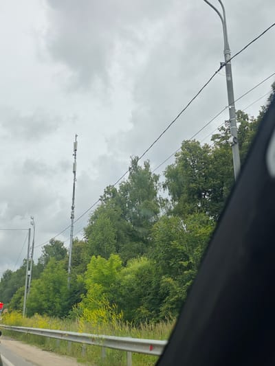The image depicts a roadside scene with dense green foliage and a cloudy sky. In the foreground, a metal guardrail runs along a dirt road or shoulder. To the left, a traffic light is partially visible. A tall telecommunications tower, equipped with multiple antennas and junction boxes, stands prominently against the sky, situated amidst the trees. A street lamp with a curved arm and wires is also visible. Further left, another smaller street lamp with a camera attached is present. The overall environment appears to be an outdoor setting, possibly on the outskirts of a city or in a suburban area. The specific location is Lyublinskiy Sadovod, Russia.