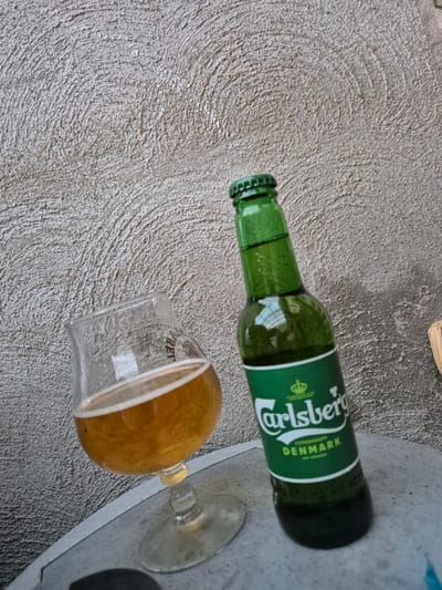 A green glass bottle of Carlsberg beer, with a white label featuring the Carlsberg logo and "DENMARK" printed in green, stands on a textured, light gray surface. To the left of the bottle is a tulip-shaped glass containing a light amber-colored liquid with a frothy white head, presumably also Carlsberg beer. The background is a textured gray wall with circular patterns. The image appears to be taken outdoors, possibly in a patio or garden area. There are no people visible in the image, and no specific location within the city of Aalst, Belgium can be identified from the visual cues.