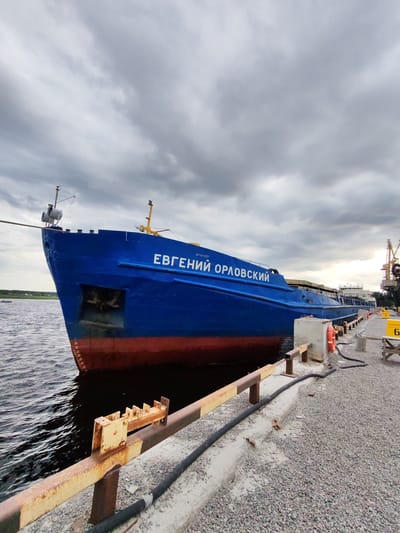 A bright blue cargo ship, named "ЕВГЕНИЙ ОРЛОВСКИЙ," is docked at a port under a cloudy sky. The ship is positioned diagonally in the frame, with its bow facing the viewer's left. The hull of the ship is painted a deep blue with a red waterline. The vessel is moored to a concrete pier, which is covered in gravel and has yellow and brown railings. Various industrial structures, including cranes and yellow containers, are visible in the background to the right. The water next to the ship appears dark and rippled. A black hose runs along the pier. There are no people visible in the immediate vicinity of the ship or the pier. The overall impression is one of an industrial port scene. The location is the city of Shal'skii, Russia.