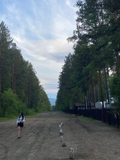 A young woman with long, dark hair is walking along a dirt road flanked by tall pine trees in the Museum of Wooden Architecture in Tal'tsy, Russia. She is wearing a white jacket over a white top and a black skirt. The road is unpaved and appears to be a natural path or a trail through the forest. There are several wooden posts lined up along the right side of the road. In the background, beyond the trees on the right, there are some wooden structures with dark roofs, and a dark fence. The sky above is cloudy with patches of blue.