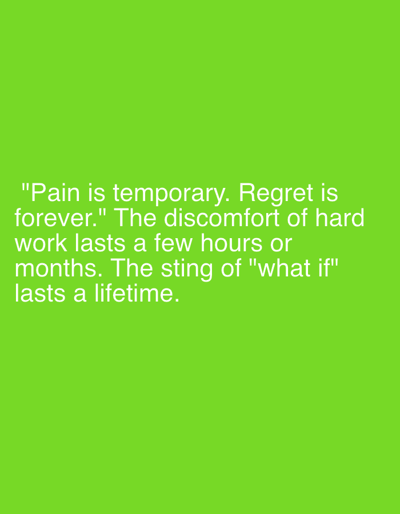 The image contains text on a bright green background. The text reads: "Pain is temporary. Regret is forever." The discomfort of hard work lasts a few hours or months. The sting of "what if" lasts a lifetime. There is no information about Bogucin, Poland, in the image.