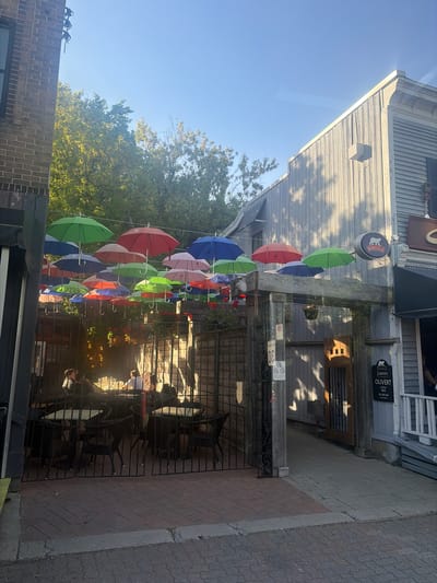 This image captures a vibrant street scene on a clear, sunny day, likely in Longueuil, Canada, as indicated by the French text and location context. The central feature is a decorative canopy of numerous colorful umbrellas (red, blue, green, pink, and white) suspended overhead, stretching along a building. This installation creates an inviting and cheerful atmosphere, likely for an outdoor patio or garden area.

The scene depicts a commercial street or pedestrian zone. In the foreground, a black metal fence or railing separates the viewer from the main area. Behind this fence, outdoor tables and chairs are visible, some neatly stacked, suggesting the establishment might be closed, preparing to open, or awaiting patrons.

The buildings in the background feature light-colored wooden siding, with one having a dark awning over a doorway. Lush green trees are visible on the left side, contrasting with the bright blue sky that dominates the upper portion of the frame. Bright sunlight casts defined shadows, indicating either morning or late afternoon.

Several signs are prominently displayed on the buildings. A circular sign clearly reads "NORÉALE" with a stylized animal logo. Below it, a vertical sign announces "JARDIN OUVERT" (Open Garden), specifying "À PARTIR DE 16H" (From 4 PM) and mentioning "JEUX VIDÉOS" (Video Games) and "SAM-DIM" (Saturday-Sunday), which details the operating hours and activities of the venue. A 'No Smoking' symbol is also visible on a sign attached to the fence. A few individuals are subtly present in the background, including one person on a porch and others indistinctly behind the fence, contributing to the lived-in urban setting.