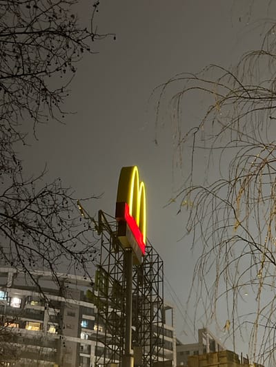 The scene, captured at night in Yanqiao, China, presents an illuminated McDonald's sign positioned prominently against an overcast sky. The sign features the iconic golden arches in bright yellow, affixed above a red rectangular element, all supported by a tall, black metal lattice structure. To the left, a bare deciduous tree with numerous fine branches and dark, spherical remnants occupies the upper-left quadrant, partially obscuring a multi-story building with several illuminated windows. To the right, a bare tree with long, drooping branches frames the sign. Additional building structures are faintly visible in the background. No individuals or discernible actions are present.