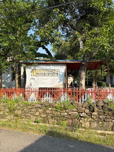 The image depicts a street-side food stall, likely a "Warung Angkringan," in Kalirancang, Indonesia. The stall is identified by a banner that reads "Angkringan Agus Black." The banner also lists menu items such as "Nasi Kucing," "Gorengan," "Es Teh," "Teh Panas," "Kopi," and "Dll" (meaning "etc."). The stall is situated beneath a covered outdoor seating area, supported by bamboo poles and a red roof. In front of the stall is a decorative fence with alternating red and white triangular posts. Behind the fence, a low stone wall borders the property, with lush green grass and small plants growing on and around it. A motorcycle is parked to the left of the seating area, suggesting it belongs to the proprietor or a customer. The background shows a white building with a small window and trees with dense green foliage, indicating a rural or semi-rural setting. The lighting suggests it is daytime, with sunlight casting shadows. The overall scene conveys a casual, local dining experience.