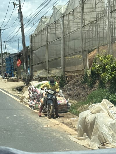 A person wearing a yellow jacket and dark pants is sitting on a motorcycle next to a pile of sacks. The motorcycle is dark colored. The sacks are of various sizes and colors, some appearing to be filled with white or beige material. The person is wearing a dark cap and a green facemask. The scene takes place on the side of a paved road. In the background, there are several large greenhouses with white netting. A utility pole with many wires is also visible. A Vietnamese flag is hanging from a pole on a building. The environment appears to be rural or semi-rural, possibly in the vicinity of agricultural operations.