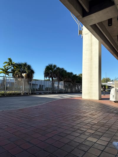 The image depicts an exterior scene in Hialeah, United States of America, likely adjacent to an elevated Metrorail transit line or highway overpass, possibly near the Metrorail Hialeah Station area. The scene is illuminated by bright, direct sunlight under a clear, cloudless blue sky, casting distinct shadows.

In the foreground, a paved area composed of reddish-brown square pavers, laid in a diamond pattern, extends from the bottom of the frame. This paved surface shows a transition from sunlit areas on the left to shadowed areas on the right.

To the left of the paved area, a segment of a dark asphalt or concrete road or path runs horizontally across the mid-ground. Beyond this path, a tall metal fence with numerous vertical bars separates the roadway from a row of single-story, light-colored buildings with flat roofs. A dense line of various palm trees, some with bright green fronds, are visible behind the fence and buildings.

On the right side of the frame, a massive, light-colored concrete pillar, marked with the identifier "1319-S", extends vertically upwards, supporting a large elevated concrete structure. The underside of this overhead structure is visible, featuring dark cylindrical light fixtures and white metal support brackets.

Standing in the mid-ground near the base of the concrete pillar on the right, a single individual is present. This person appears to be an adult, dressed in dark clothing, holding a dark rectangular object, possibly a mobile phone, with both hands in front of them. To their immediate right, partially visible, is a white object covered by a light-colored tarp or fabric, resembling a piece of covered equipment or a utility box.