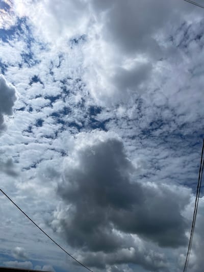 The image captures a cloudy sky over Oktyabr'skiy, Russia. The sky is a mix of white and dark gray clouds, with patches of blue visible. The sun appears to be behind the clouds, casting a diffused light. There are a few power lines visible in the upper right portion of the image, running diagonally. The bottom of the image shows a sliver of a roofline, suggesting a low-rise structure beneath the sky. No people or specific landmarks are identifiable in the scene.