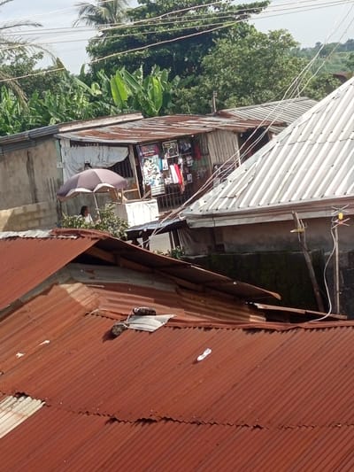 The image presents an elevated view of a residential area in Atani, Nigeria. Two corrugated metal roofs dominate the foreground, one rusted brown and the other silver. A person is visible standing near the edge of the silver roof. Power lines are strung overhead, near lush vegetation. The environment appears to be a dense urban area. Merchandise is displayed near a structure, suggesting a small shop or market.