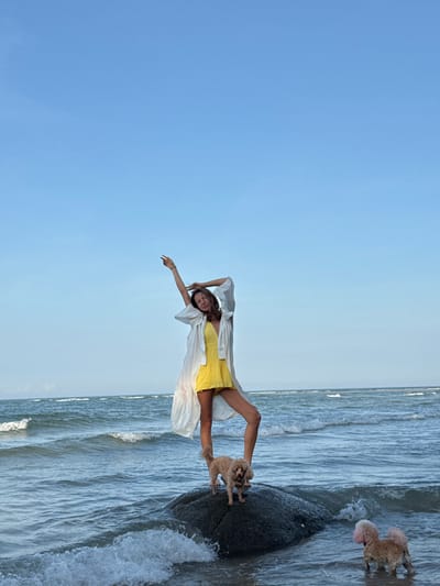 A full-shot, eye-level, outdoor photograph captures a woman and two dogs on a rock in the ocean. The woman, who appears to be in her late teens or early twenties, stands on a large, dark gray rock. She is wearing a yellow dress and a long, white, open-front cover-up. Her arms are raised, with her right arm bent at the elbow and her hand resting on her head, and her left arm extended upwards. She is facing forward and smiling.
A small, light brown dog stands on the rock in front of the woman, facing to the left. In the water to the right of the rock, a second small, light brown dog with pink-dyed fur on its head and hindquarters stands facing the rock. The ocean is calm with gentle waves and appears to be shallow around the rock. The sky is a clear, pale blue. The scene is set at sunrise or sunset on a beach in Thuận Thành, Vietnam.