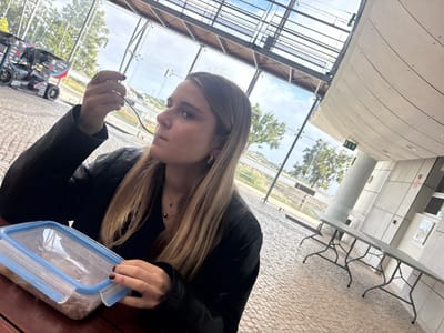A female with long, light brown hair and wearing dark attire, hoop earrings, and necklaces is seated at a dark table, eating. She holds a silver fork to her mouth with her right hand, while a translucent plastic food container with a blue lid, partially open and containing a brown substance, rests on the table beside her left hand. The background features a modern building interior with extensive floor-to-ceiling glass walls, revealing an exterior scene under a partly cloudy sky. Outside, on a light-colored paved area, a four-wheeled, open-top specialized vehicle with visible racing-style tires is parked. Beyond the pavement are green trees, a wide body of water (likely a river or estuary), and distant land. Inside the building, visible elements include light-colored concrete walls, a curved ceiling with exposed metal framework, a green exit sign, and two unoccupied grey folding tables against a wall. The floor inside appears to be light-colored pavers. This scene is located in Porto Salvo, Portugal.