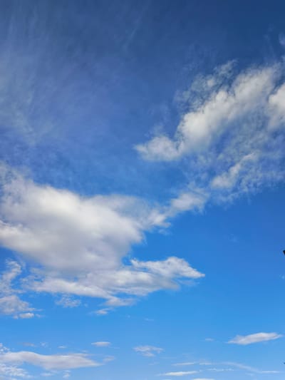 The image is a high-angle shot of a bright blue sky filled with various types of clouds. Some clouds are wispy and spread out, resembling cirrus clouds, while others are more puffy and white, appearing to be cumulus clouds. The sunlight is diffused, suggesting it might be daytime, possibly late morning or early afternoon, with no visible sun. The overall impression is of a clear and dynamic sky. The image does not contain any elements that would indicate a specific location in the city of Aya, Russia, or any people, subjects, objects, or actions.