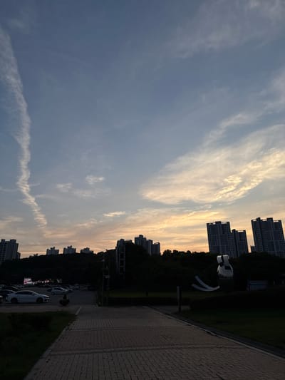 The image depicts a twilight scene in Ansan, South Korea, featuring a park area in the foreground and a residential skyline in the background. The sky displays soft hues of blue, grey, and orange from the setting sun, with wispy clouds and a contrail stretching across the upper left quadrant.

In the foreground, a paved walkway, constructed of brick-like pavers, leads into the scene from the bottom right. To the left of the walkway is a strip of grass. Beyond the walkway, a grassy area contains a dark, reflective abstract sculpture with curved elements. A lamppost is visible to the right of the sculpture.

Further back, a parking lot is filled with several cars, most of them light-colored sedans. A white sedan is prominently parked in the left-middle of the lot. Beyond the parking lot, a line of dense green trees forms a natural barrier.

Dominating the background is the Ansan skyline, characterized by numerous tall, multi-story apartment buildings. These buildings are silhouetted against the sky, with their windows appearing as dark rectangles. The apartment buildings are situated on a gently sloping hill behind the trees. The overall environment suggests a suburban or urban park adjacent to a residential area during the evening transition from day to night. No people are visible in the image.